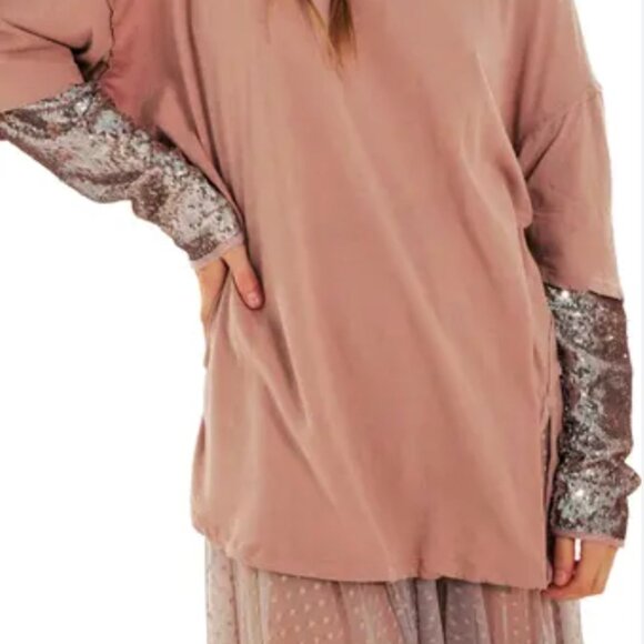 Free People Nellie Twofer Mauve Pink Oversized Sequin Long Sleeve Tee Tunic XS - Picture 2 of 16